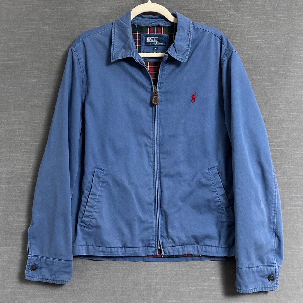 Vintage Polo Ralph Lauren Jacket M Blue Cotton Harrington Bomber Plaid Lined Zip